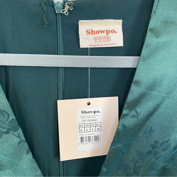 NWT Showpo RICHMOND JACQUARD FLORAL LONG SLEEVE RUCHED MINI DRESS GREEN SZ 4 - Picture 9 of 15